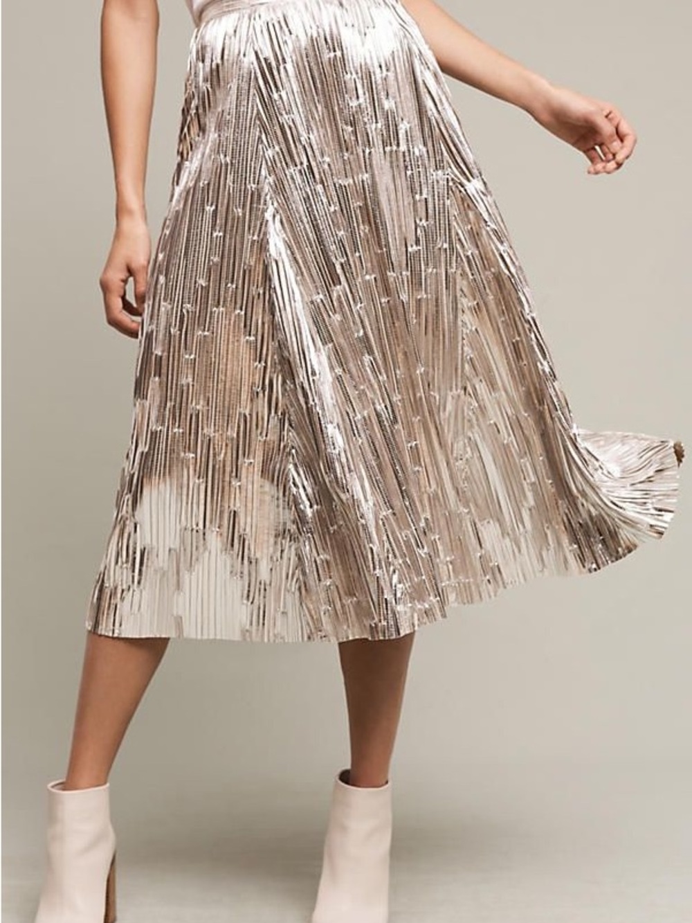 Anthropologie Maeve Metallic Champagne Pleated Midi Skirt